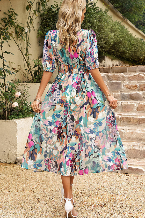 V Neck Smocked Waist Floral Print Maxi Dress
