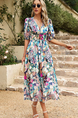 Chiclovin V Neck Smocked Waist Floral Print Maxi Dress
