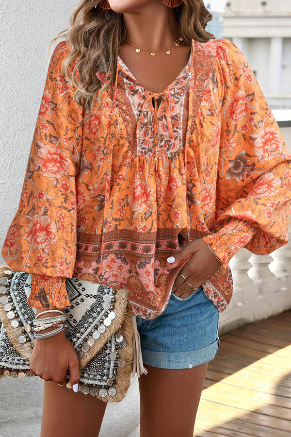 Chiclovin Floral Print Long Sleeve V Neck Casual Tops