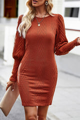 Chiclovin Solid Color Puff Sleeve Knitted Dress